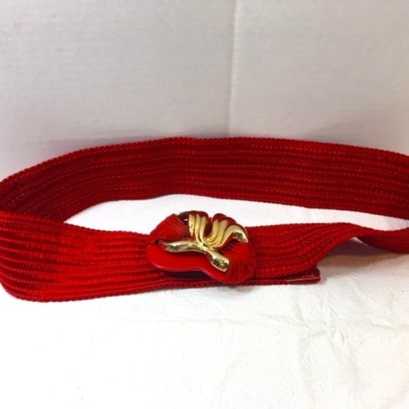 Vtg Waldorf Creations Miami Red Nylon Adjustable Belt Gold Leather Buckle - Picture 3 of 10